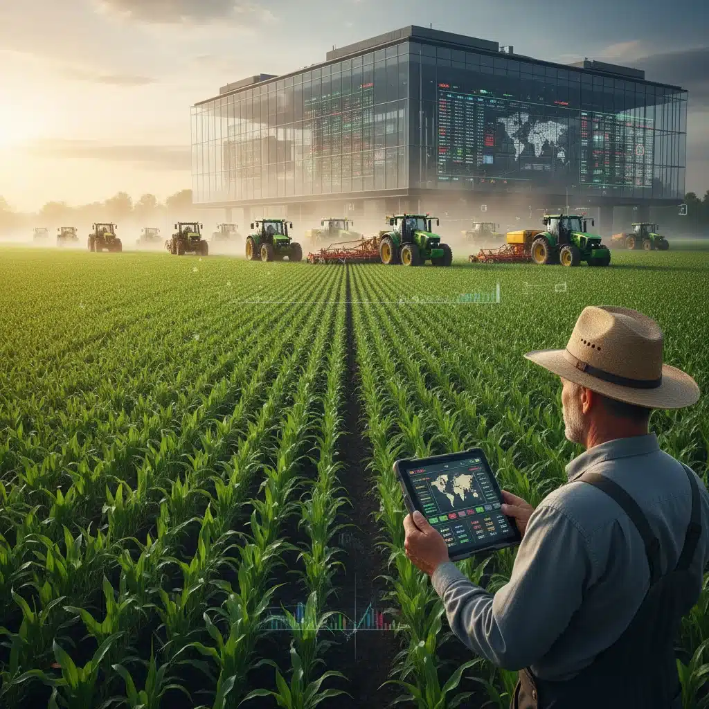Farmer using technology to navigate global agricultural trade policies.