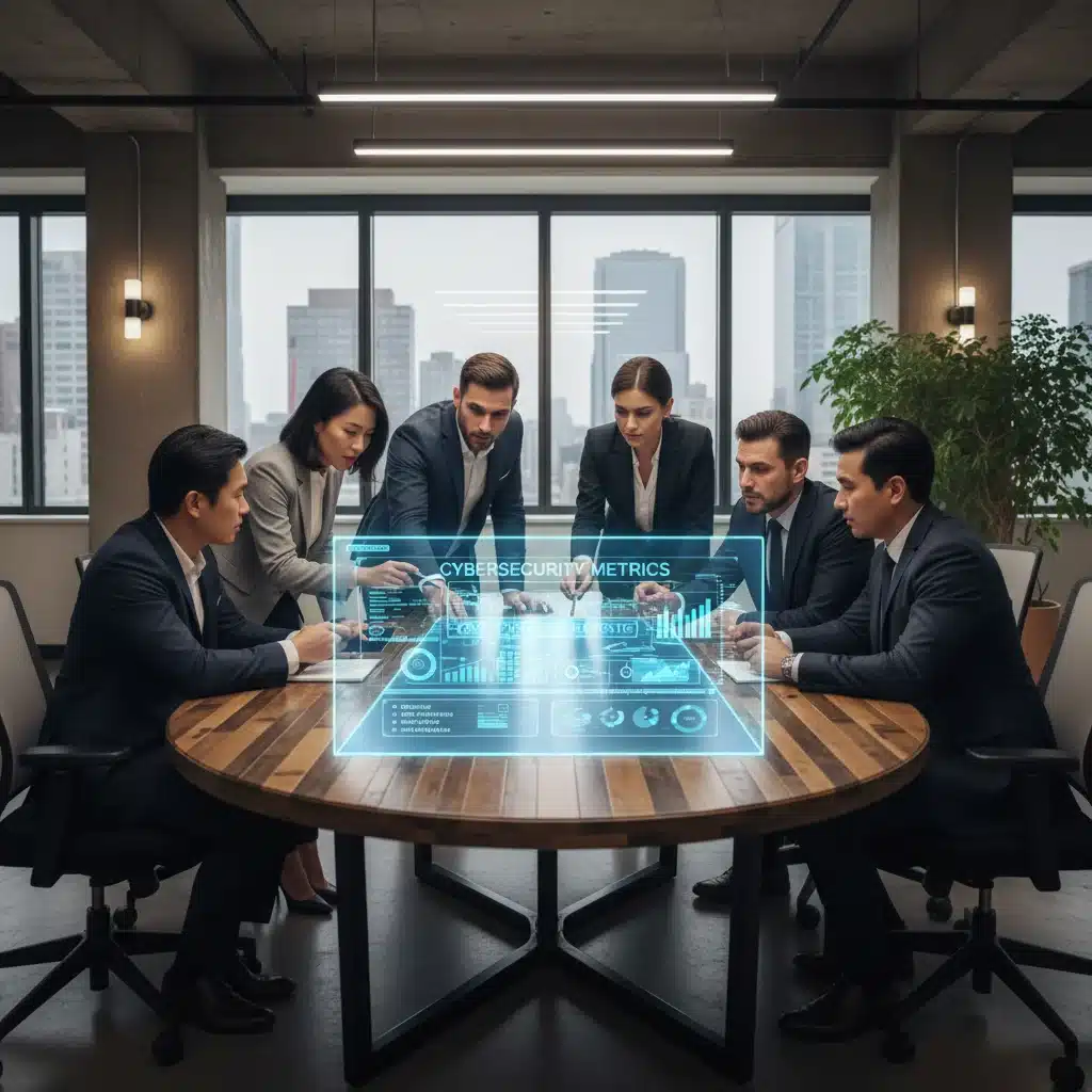 Business team reviewing cybersecurity compliance checklist and metrics.