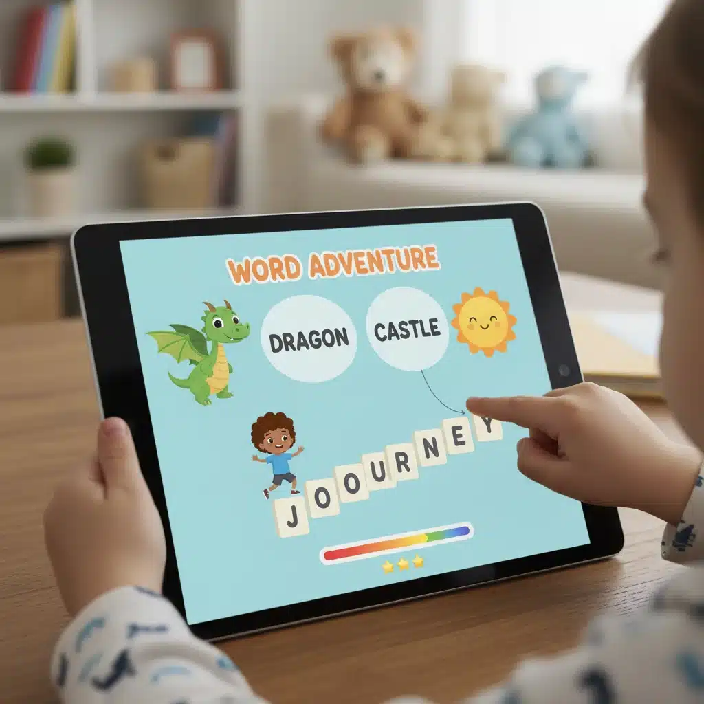 Child using an interactive digital reading app on a tablet, demonstrating modern reading skill techniques.