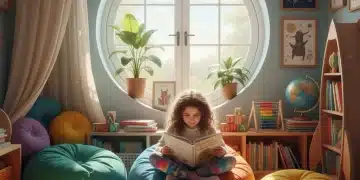Child happily reading a book in a cozy, bright reading nook, symbolizing accelerated reading skill development.