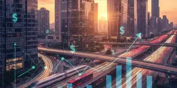 Modern city skyline at rush hour with public transportation and financial savings overlay