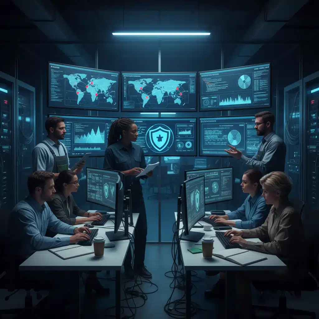 Cybersecurity team actively monitoring network for threats in a security operations center.