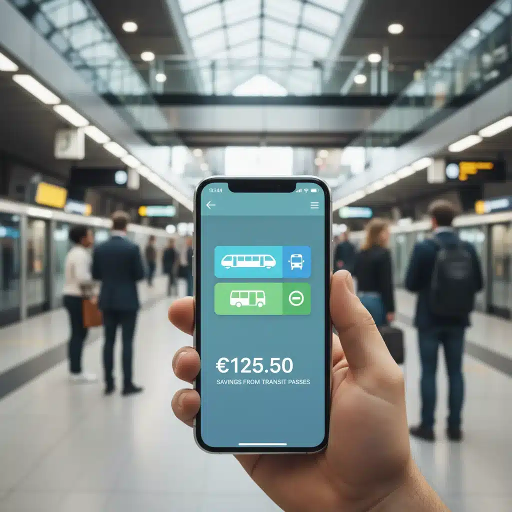 Digital wallet on smartphone showing transportation passes and savings at a transit station