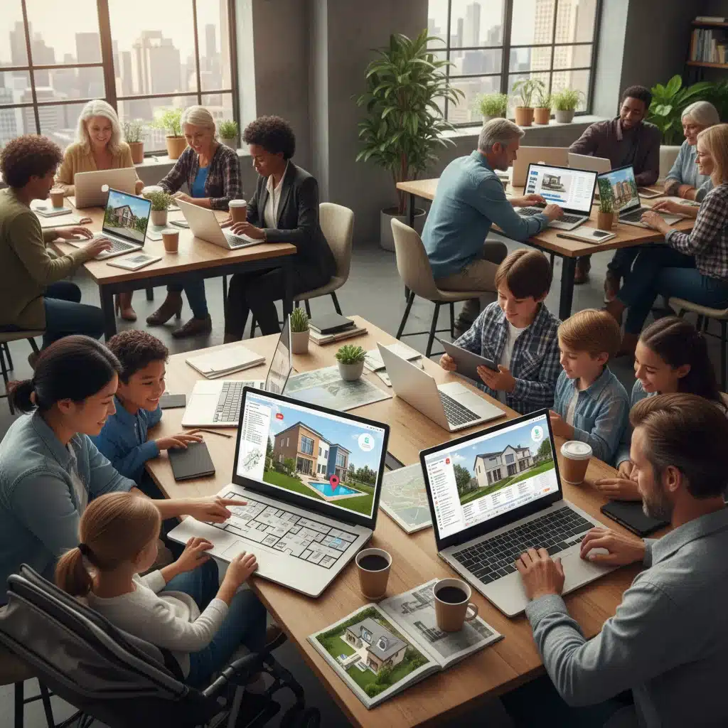 Diverse buyers researching different types of homes for investment and living.