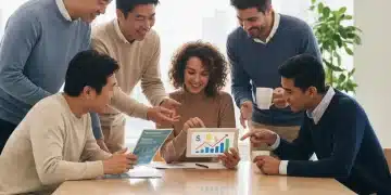 Employees discussing financial benefits at a modern office, highlighting underutilized perks.