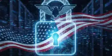 Digital lock with US flag over a network, representing federal cybersecurity mandates.
