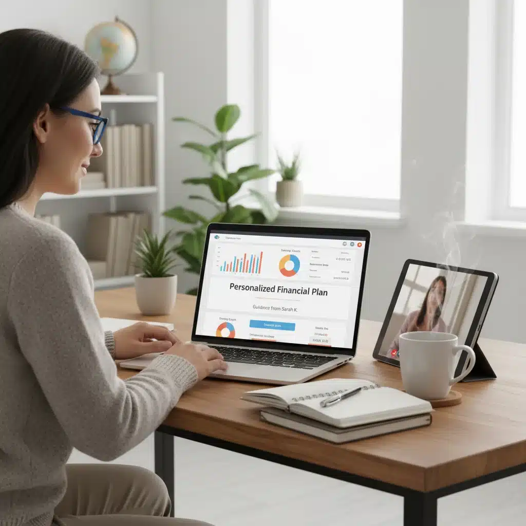 Individual engaging with online financial planning tools, emphasizing financial coaching benefits.