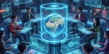 Students engaging in a futuristic virtual classroom with AI and VR elements, representing the future of remote learning.