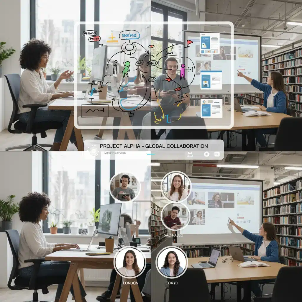 Diverse students collaborating globally on a digital whiteboard, representing interconnected online education.