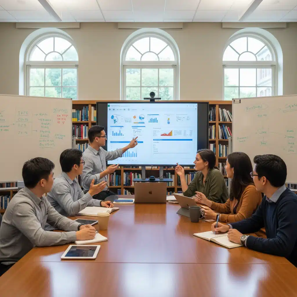 Diverse graduate students collaborating and discussing in a university setting