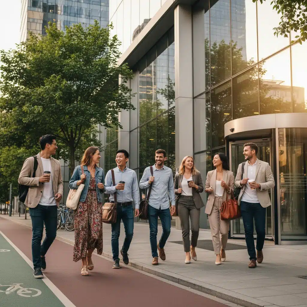 Happy diverse employees leaving a modern office building after a successful workday commute