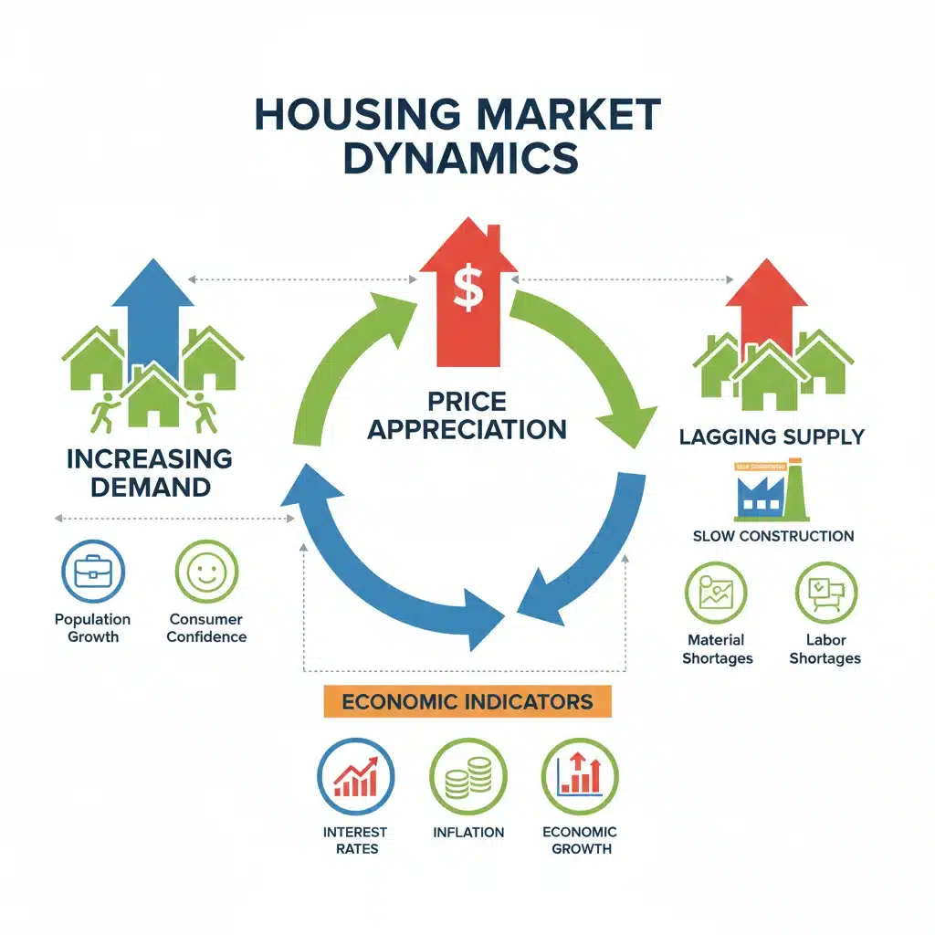 Infographic showing housing supply and demand dynamics affecting home prices.