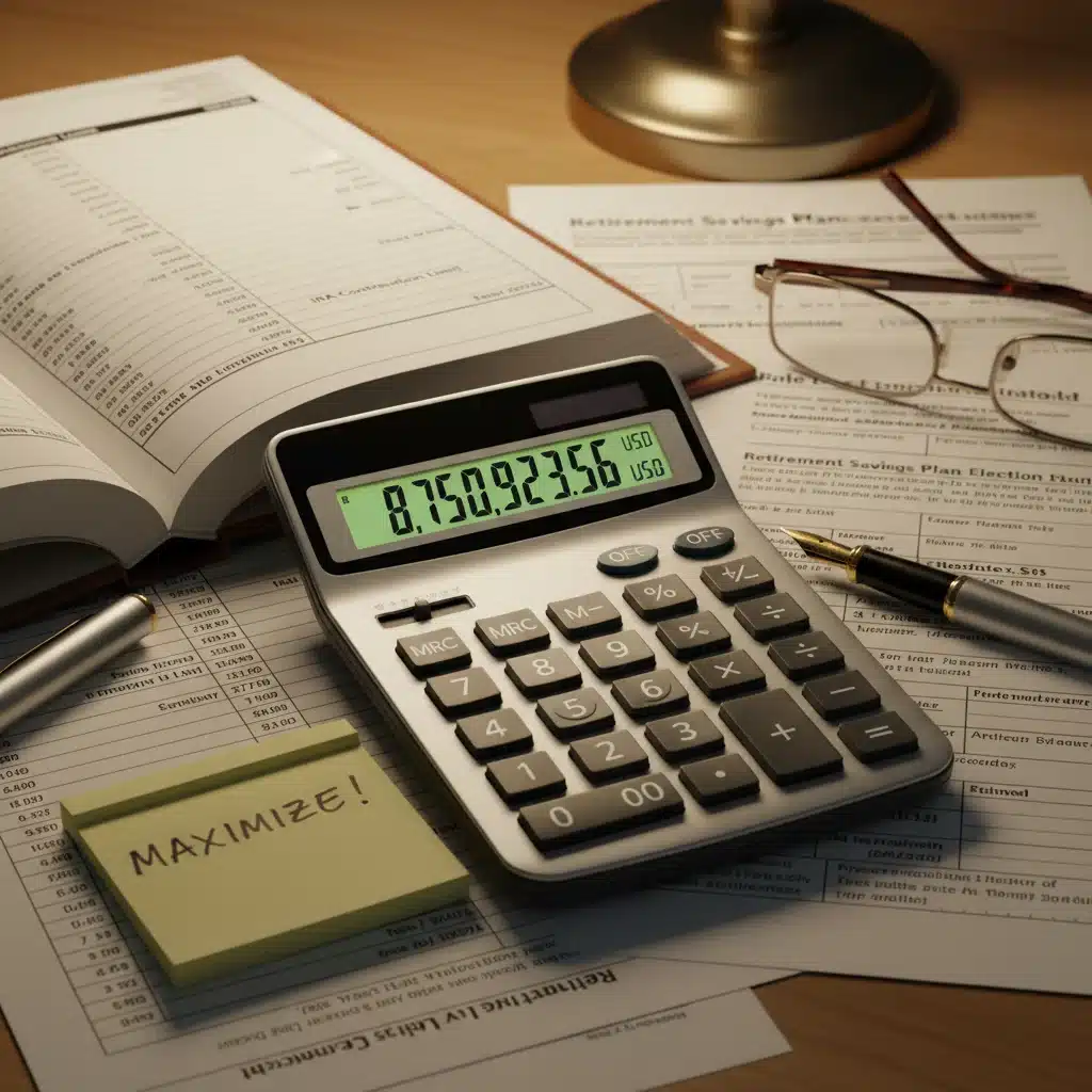 Calculator showing large numbers with financial documents, emphasizing retirement savings calculations.