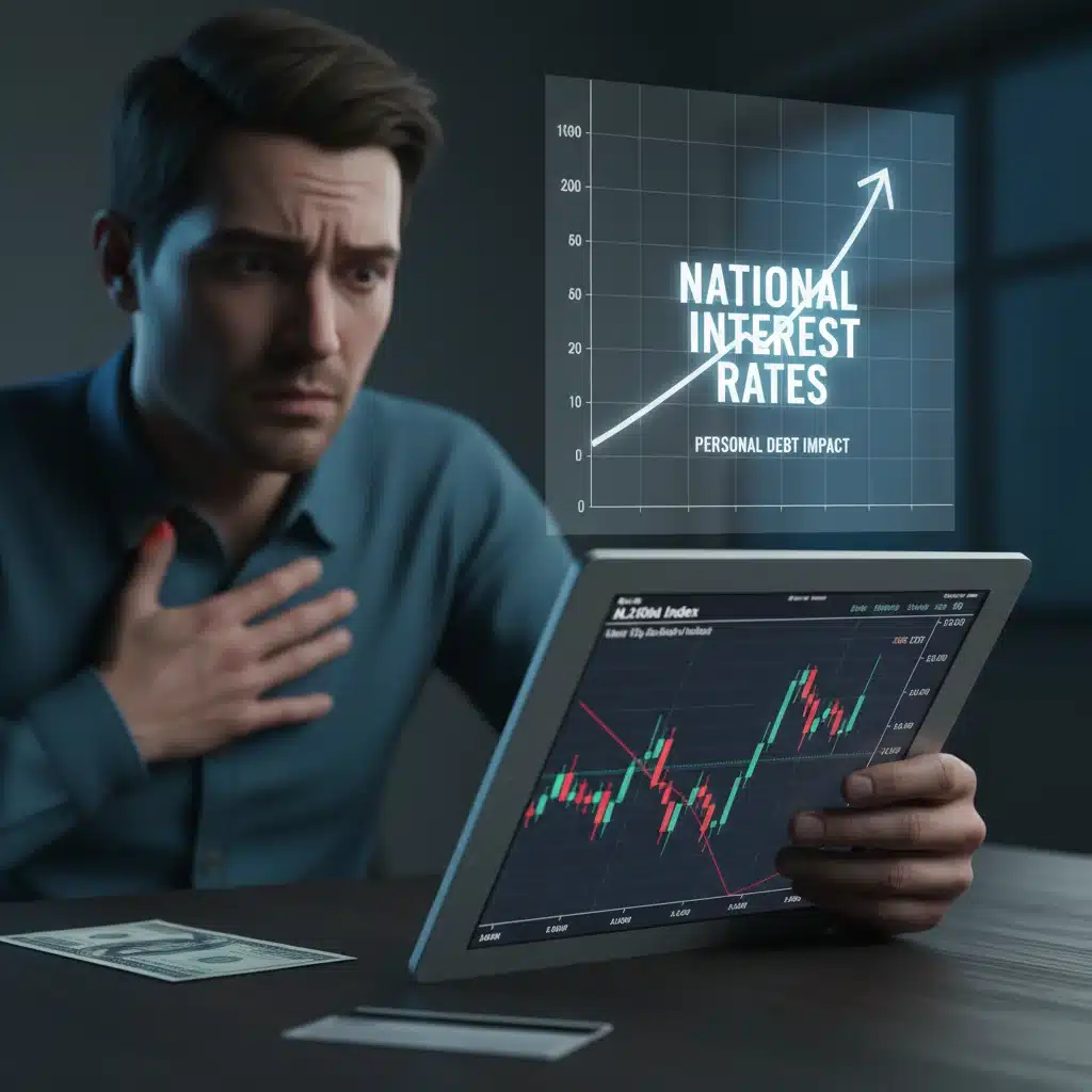 Individual concerned about stock market and rising interest rates due to national debt.