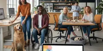 Happy employees with pets in a modern office, discussing pet insurance benefits.
