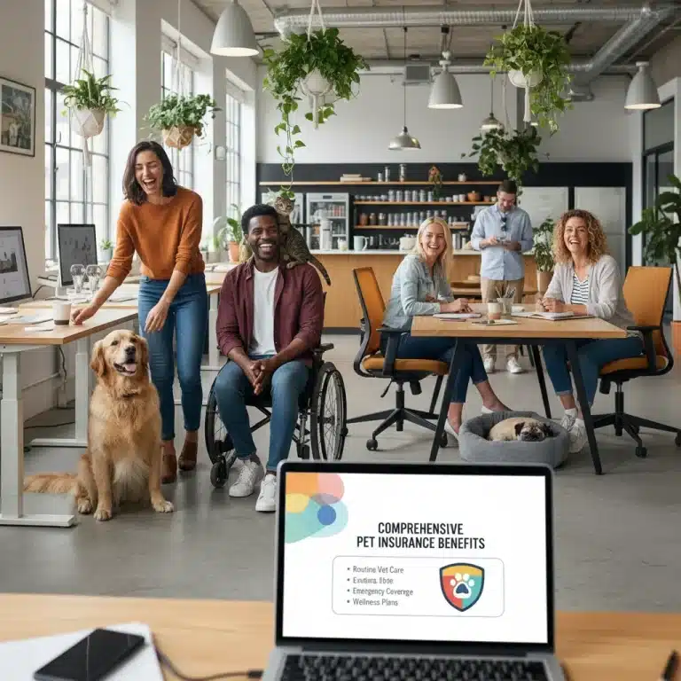 Happy employees with pets in a modern office, discussing pet insurance benefits.