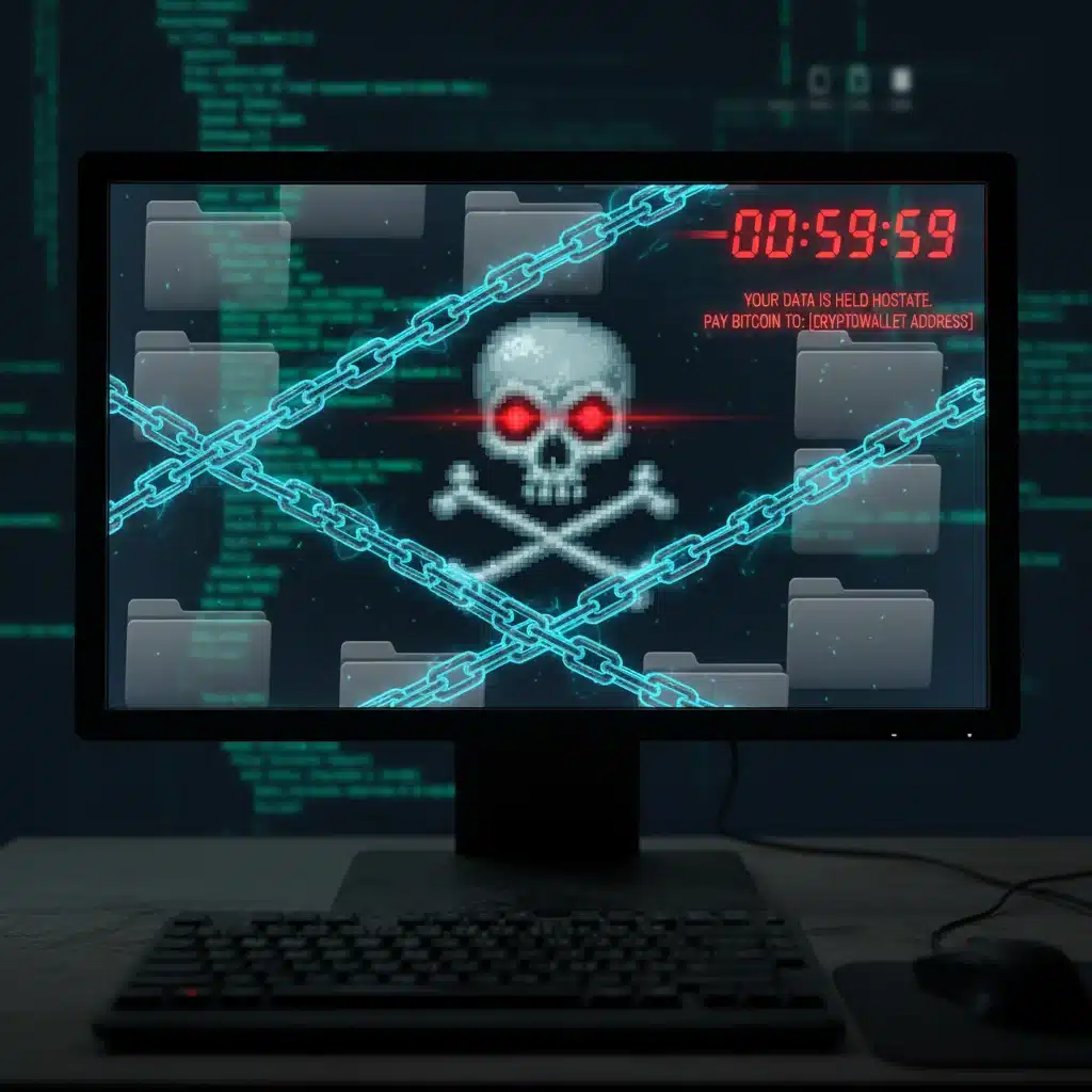 Ransomware attack visualization with a locked computer screen and digital chains.