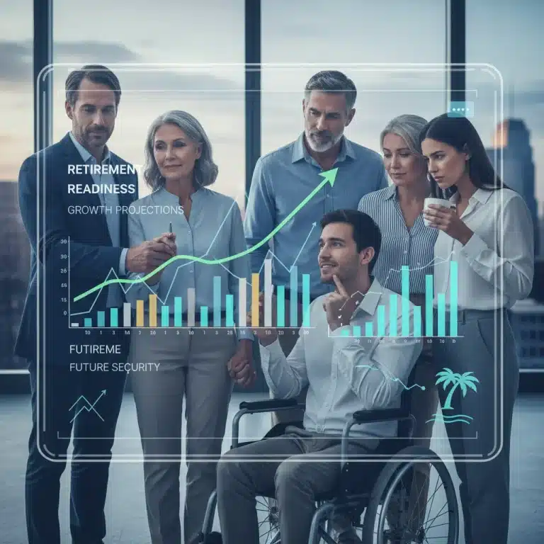 People planning retirement finances on a tablet, showing future savings projections.
