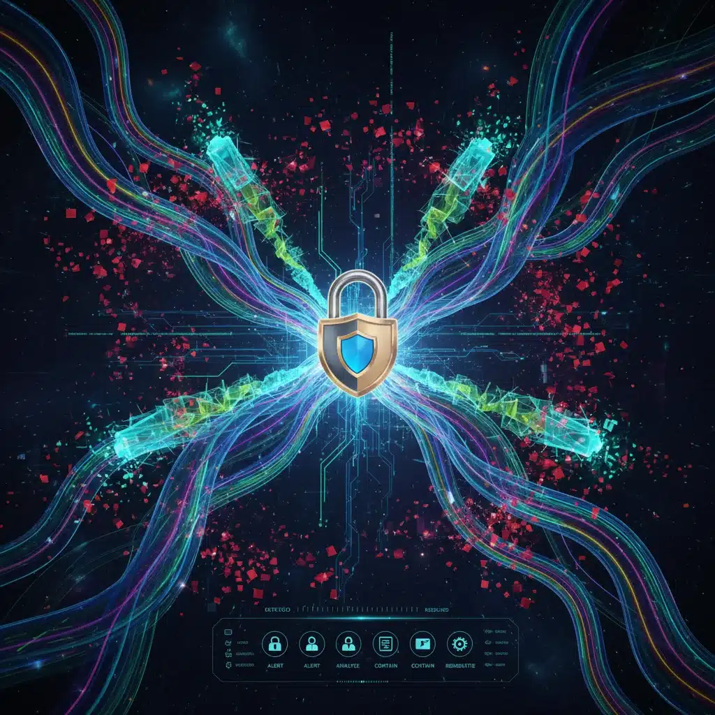 Secure data flow with encryption and threat detection symbols.