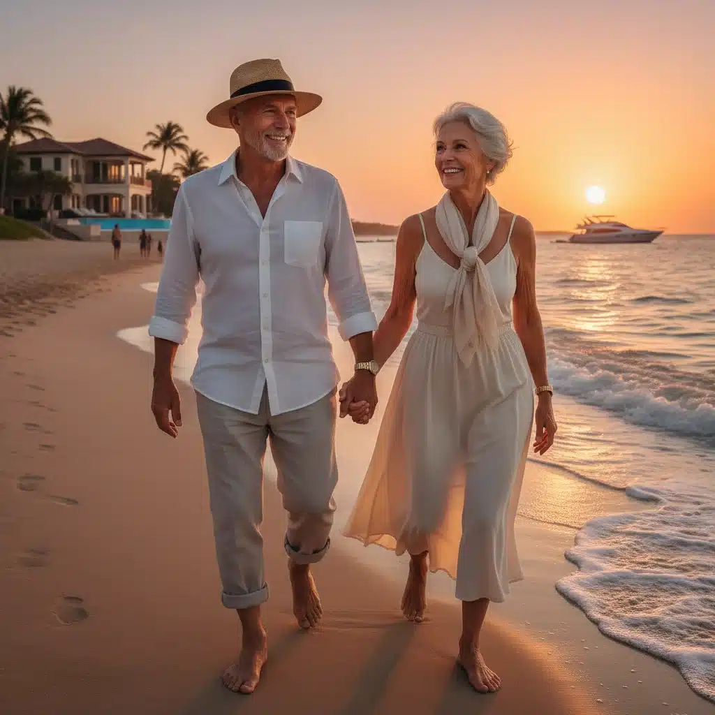 Happy retired couple walking on a beach at sunset, symbolizing a secure retirement.