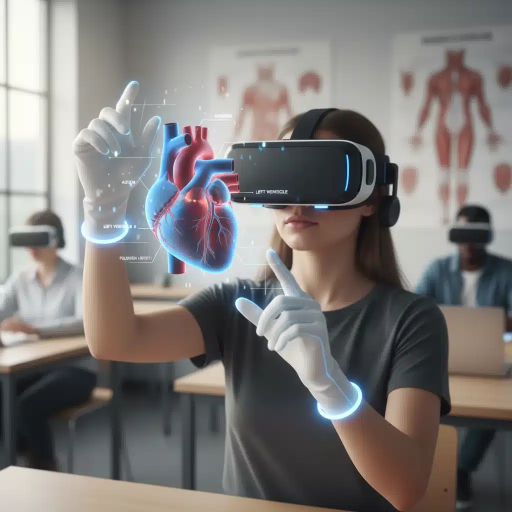 Student using VR headset for immersive biology lesson, demonstrating future learning technology.