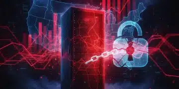 Illustration of a significant data breach impacting US infrastructure with a broken padlock symbol.