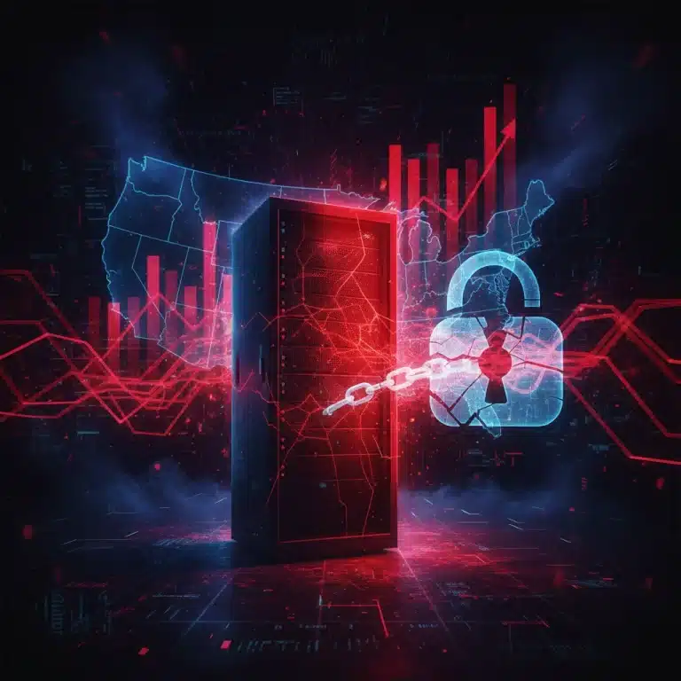 Illustration of a significant data breach impacting US infrastructure with a broken padlock symbol.