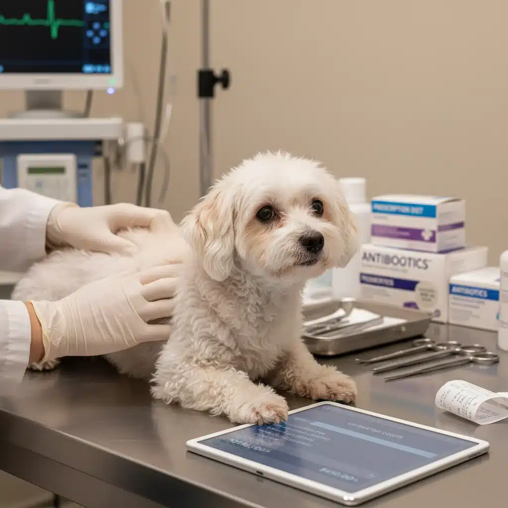 Veterinarian examining a dog, symbolizing high vet costs.