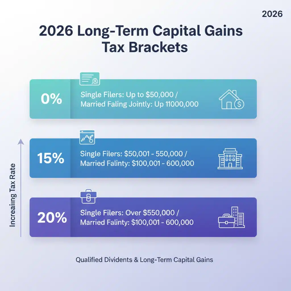 Infographic showing 2026 long-term capital gains tax brackets and income ranges