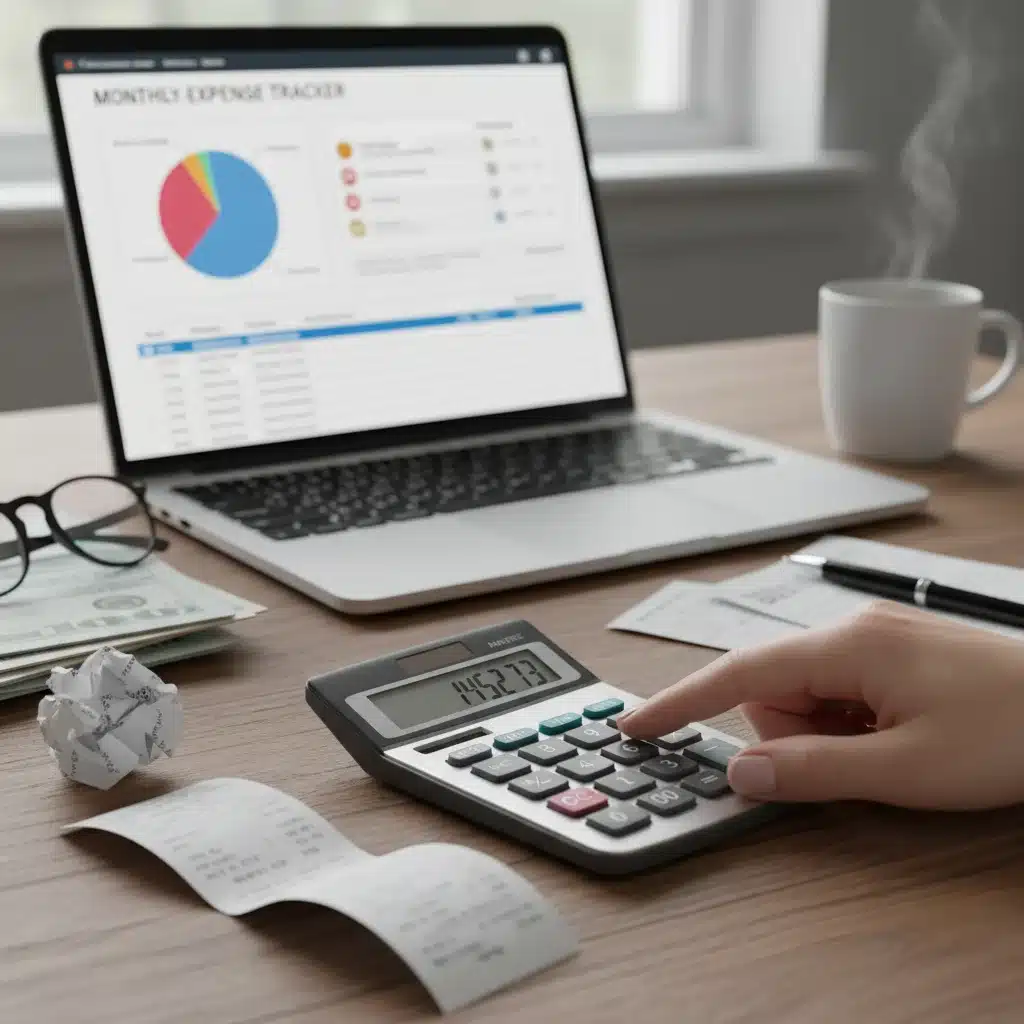 Hand calculating monthly expenses with calculator and laptop