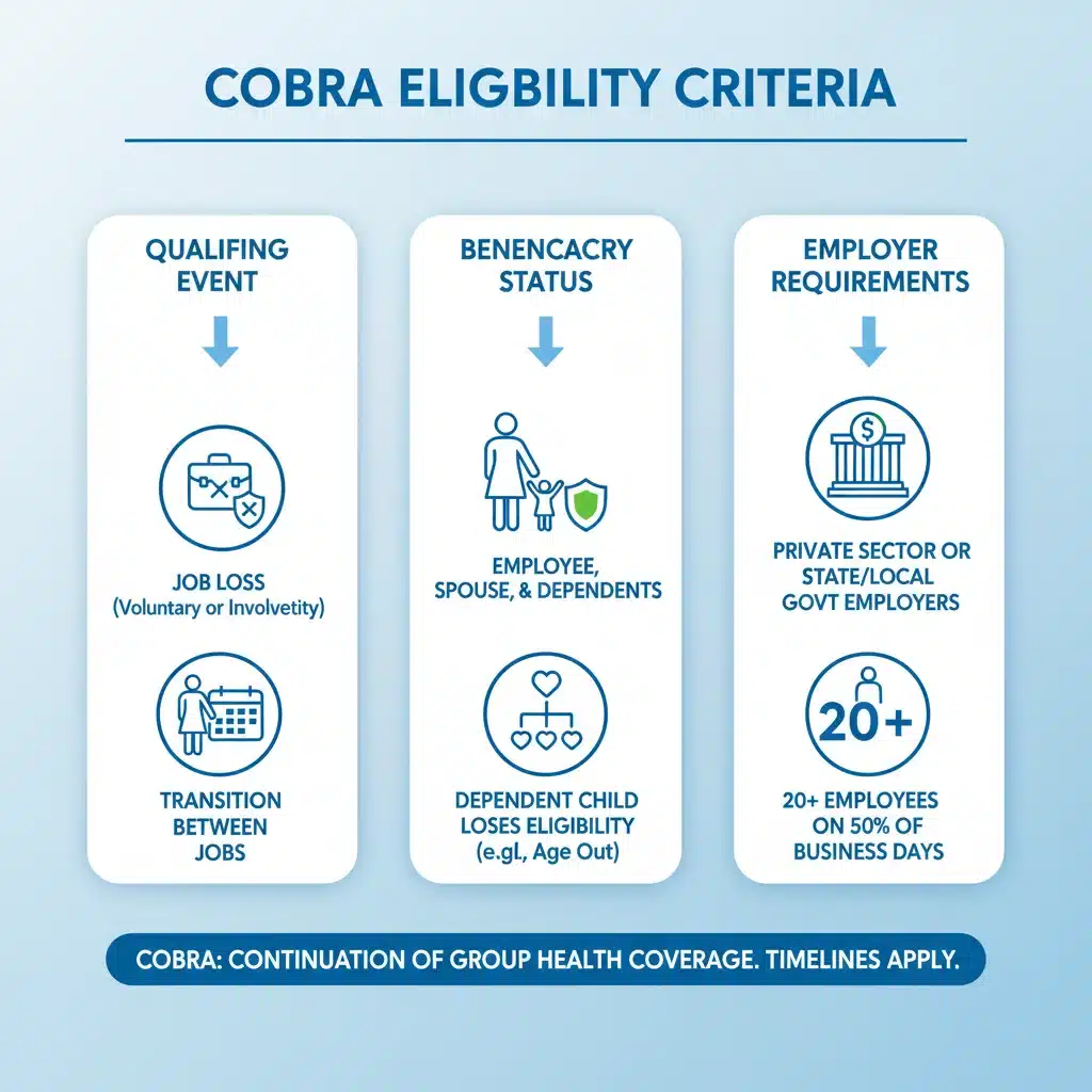 Infographic detailing COBRA eligibility requirements and qualifying events