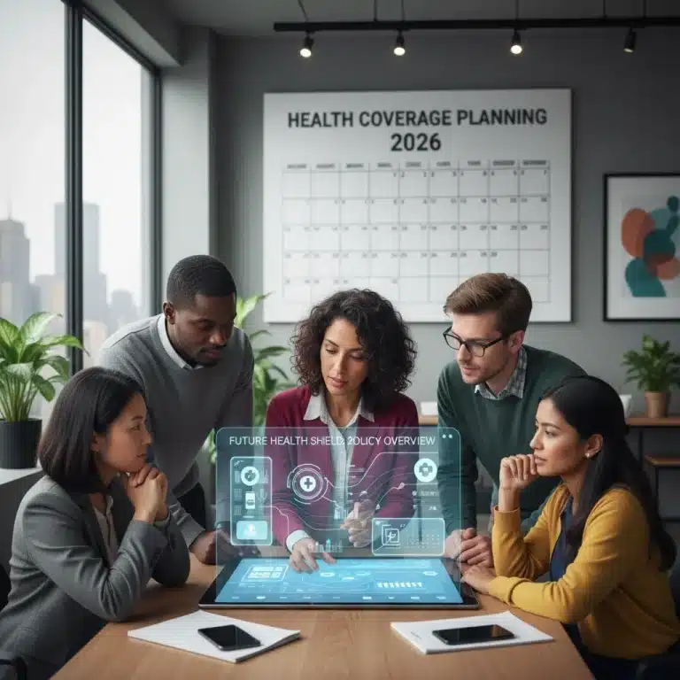 People reviewing COBRA health insurance policy on a tablet, 2026 calendar in background