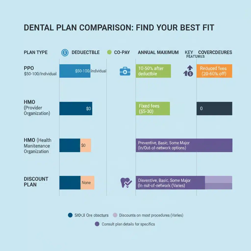 Infographic comparing various dental insurance plan types and their features