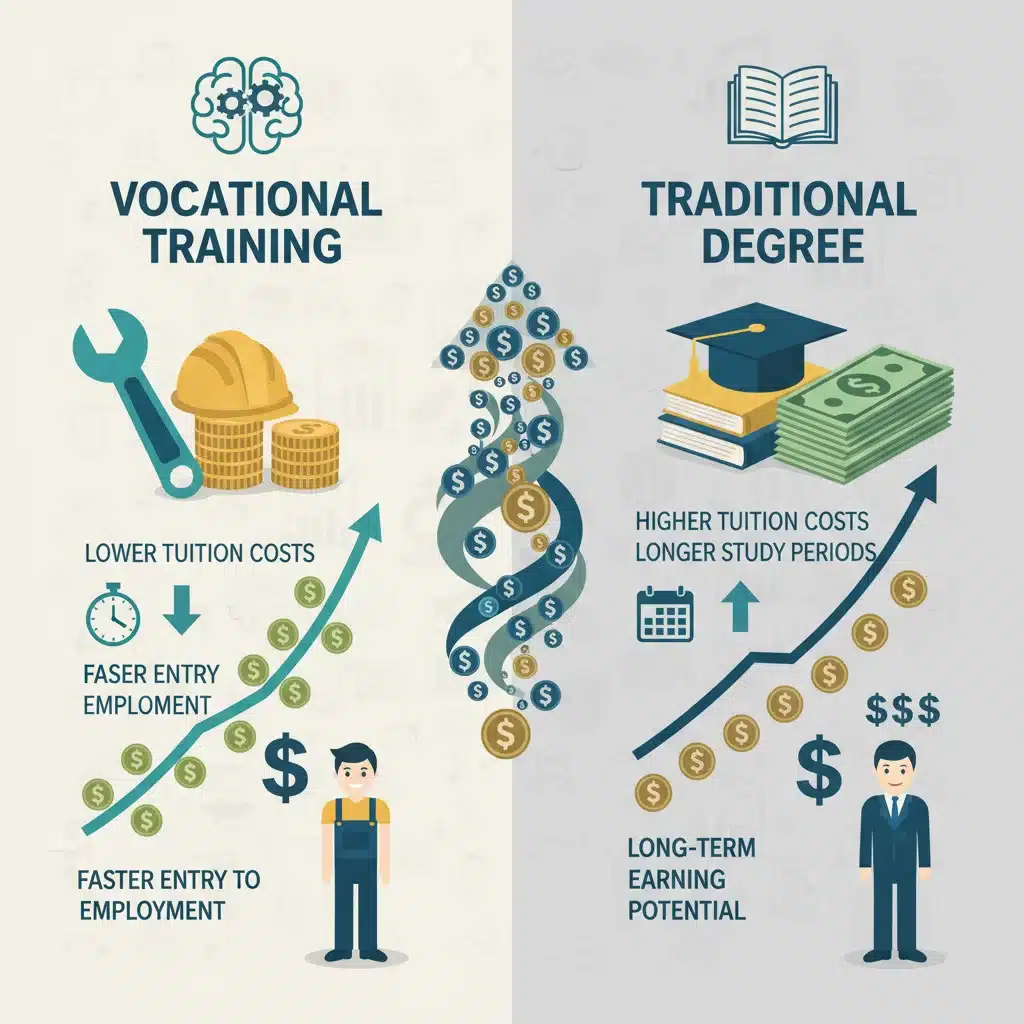 Infographic comparing financial costs and long-term earnings for vocational training versus traditional degrees.
