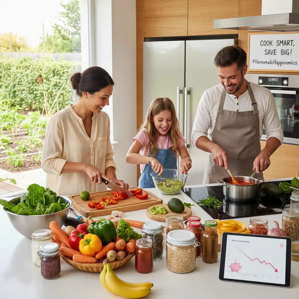 Family cooking healthy meal at home to save money