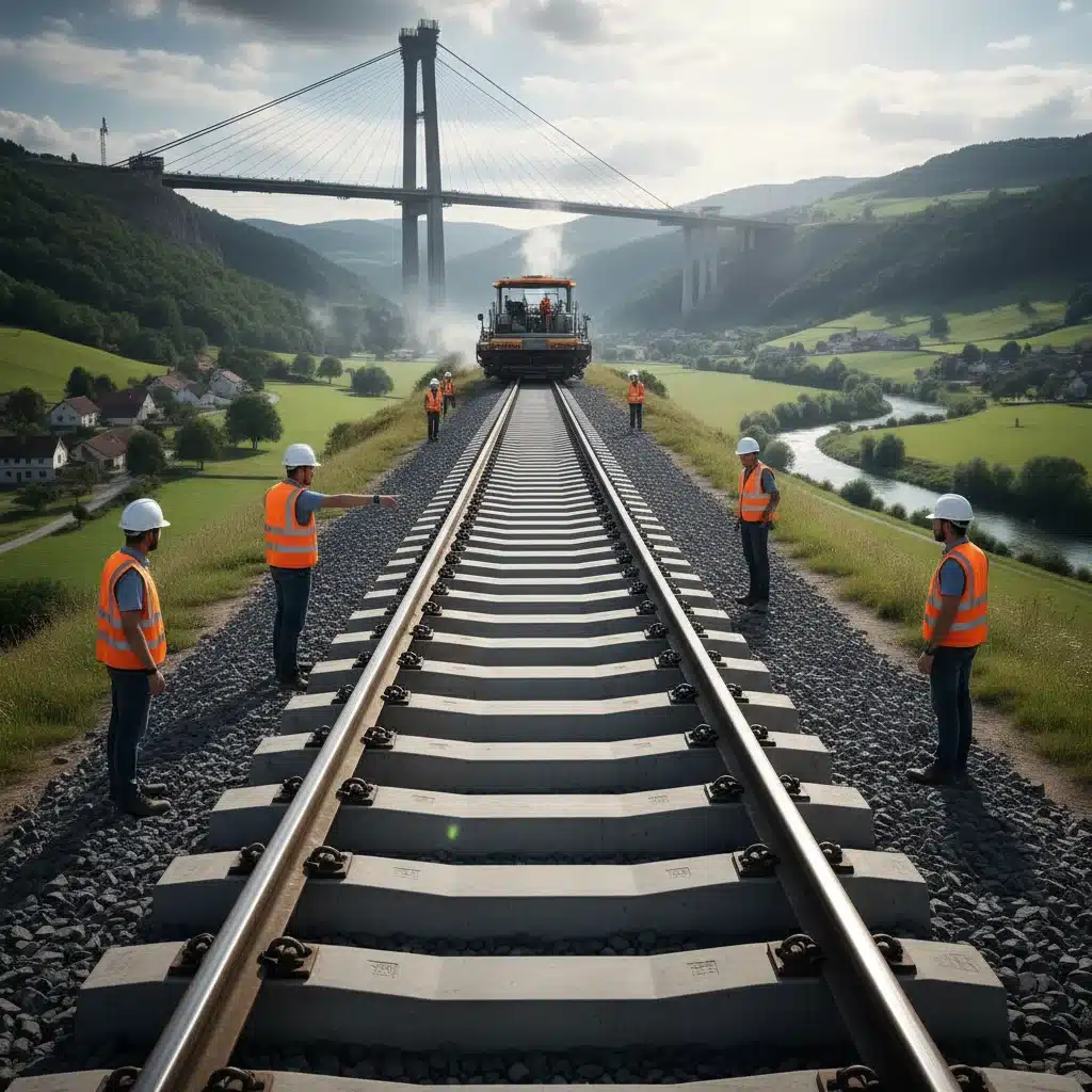 High-speed rail track construction with engineers and bridge