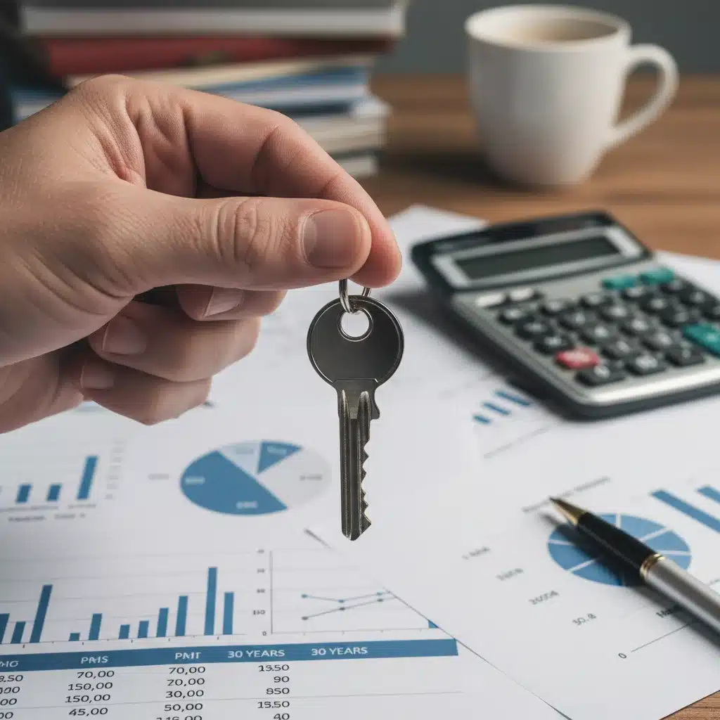 Person holding a house key, contemplating mortgage decisions with financial paperwork and calculator.