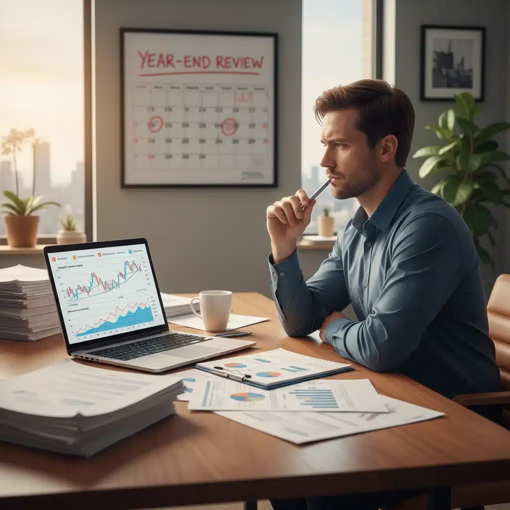 Investor reviewing financial documents and investment charts for year-end planning