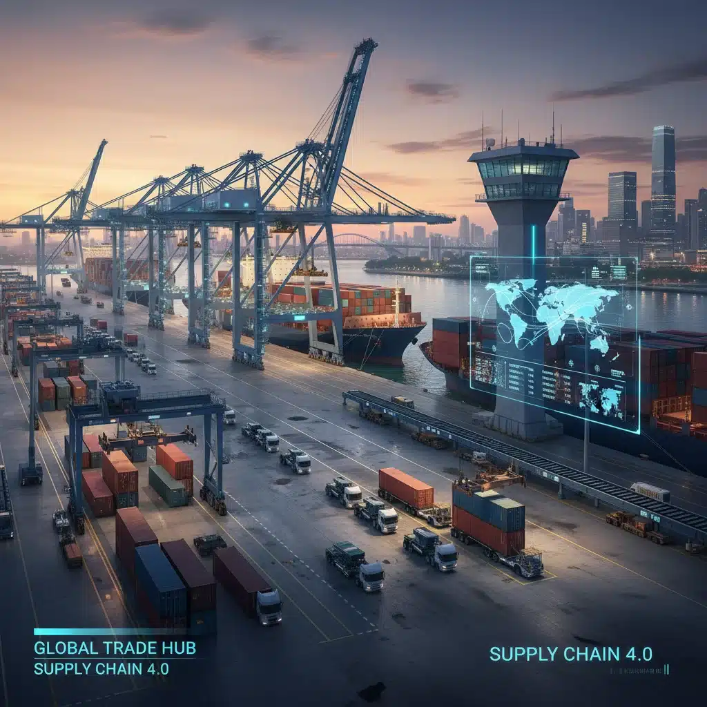 Modern port terminal with automated cranes and container ships