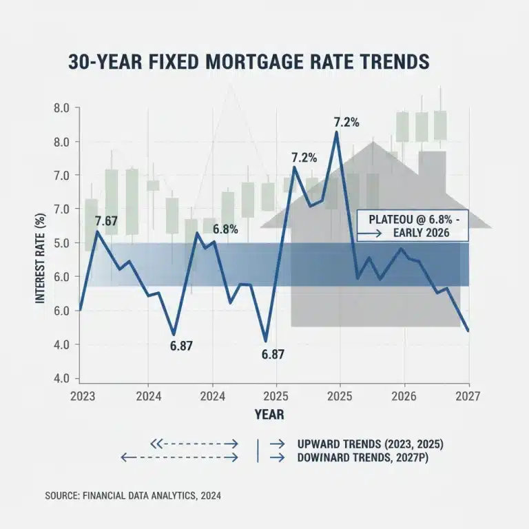 Graph showing 30-year fixed mortgage rate holding steady at 6.8% in early 2026 amidst fluctuating economic indicators.