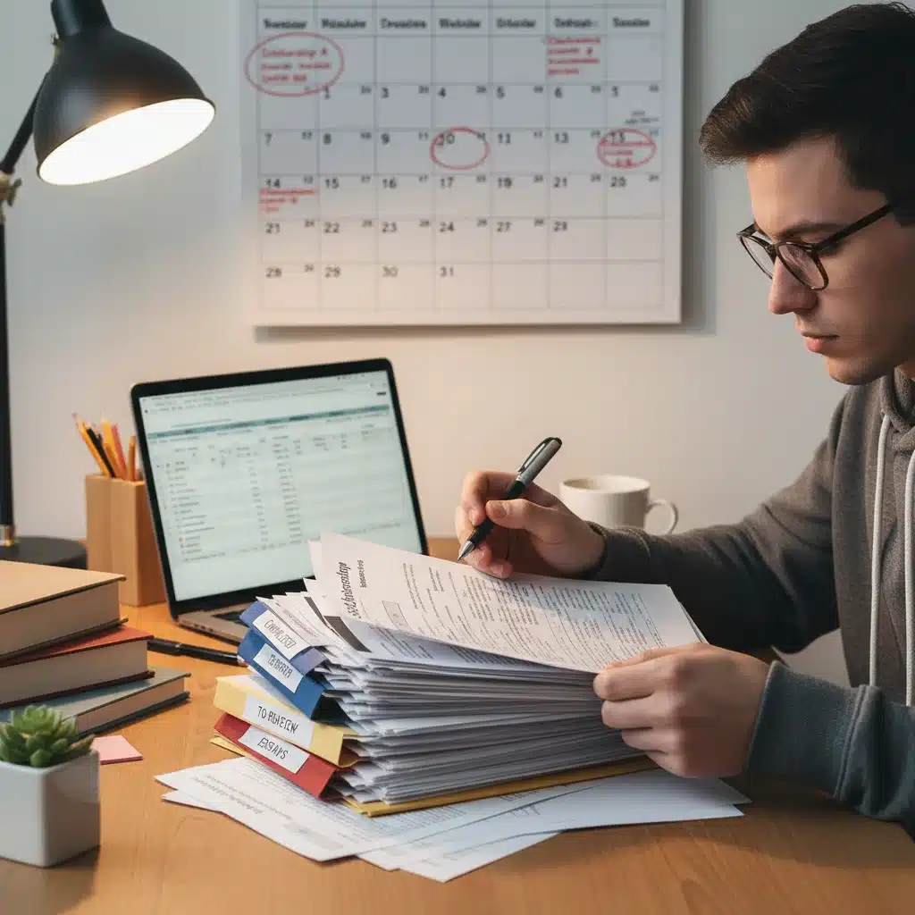 Student organizing scholarship application forms and deadlines