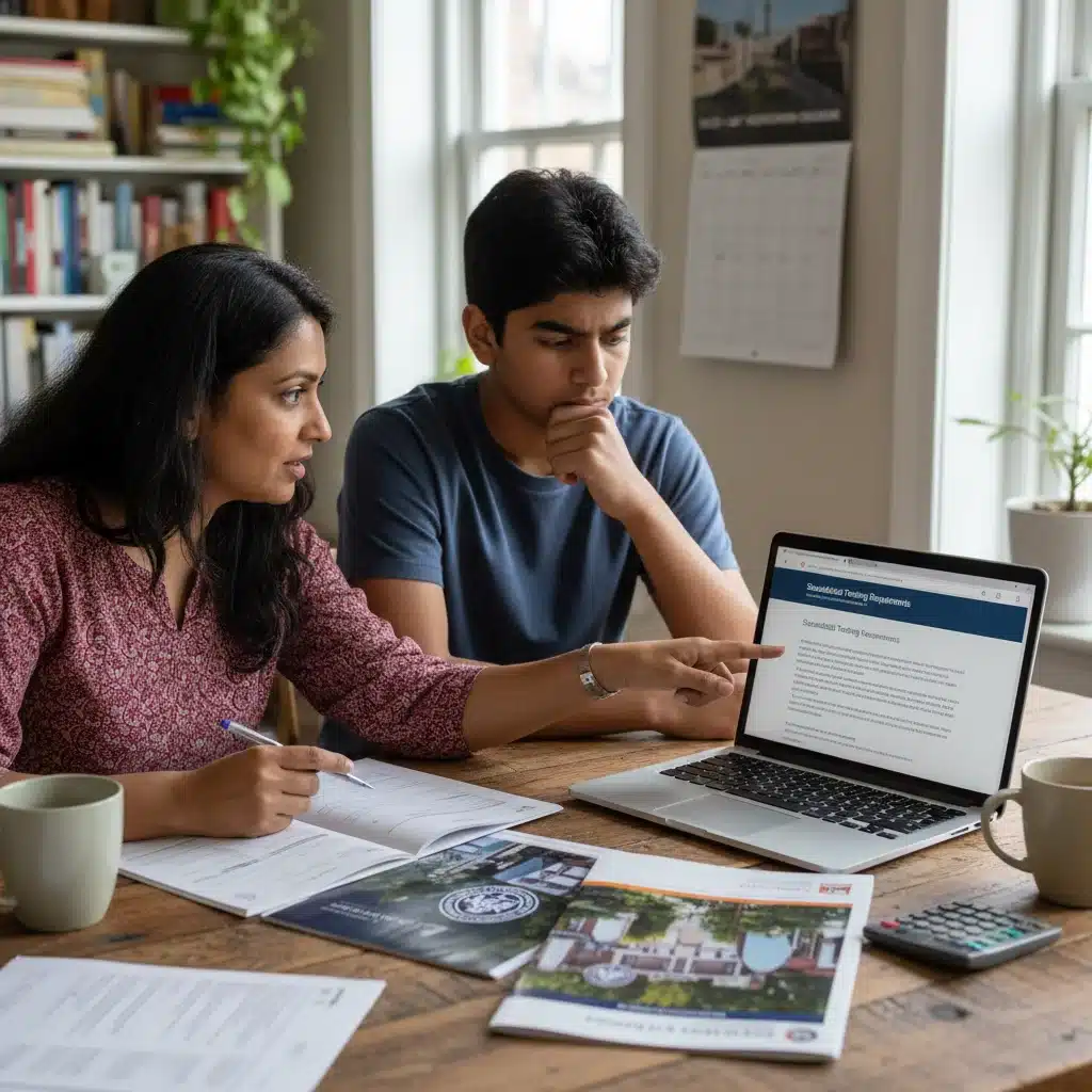 Parent and student discussing college admissions strategy and testing options for 2026