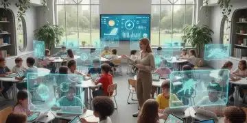 Students learning with AI tools in a modern classroom