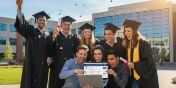 Students celebrating scholarship success with diplomas and laptops