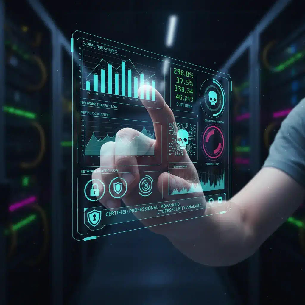 Hand interacting with holographic data analytics and cybersecurity interface