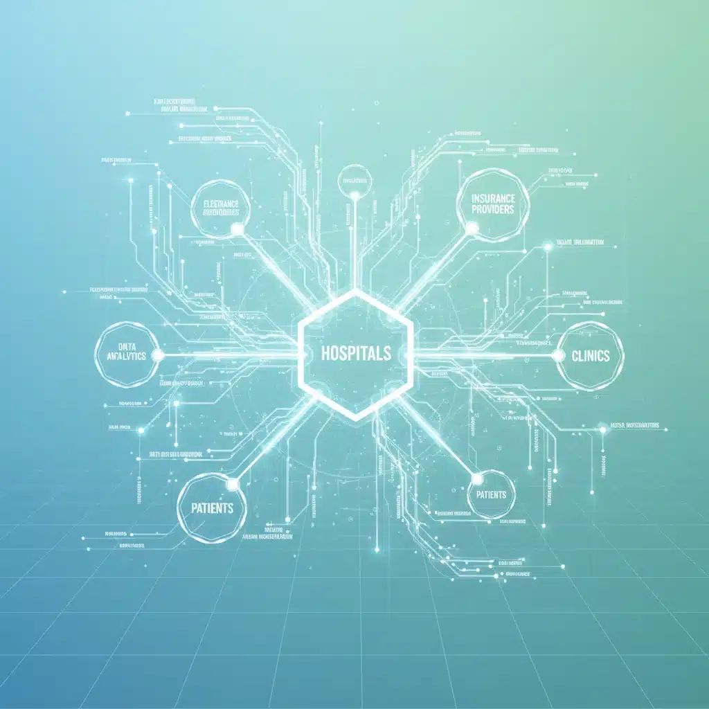 Interconnected digital network illustrating a complex healthcare system and data flow