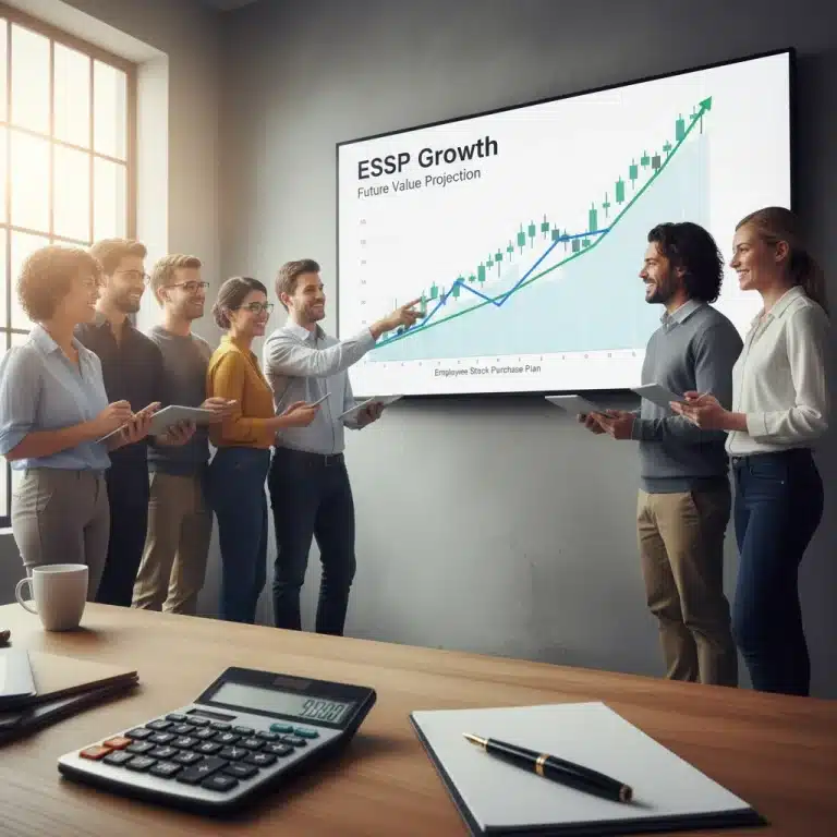 Employees analyzing stock market data for ESPP 2026 strategy