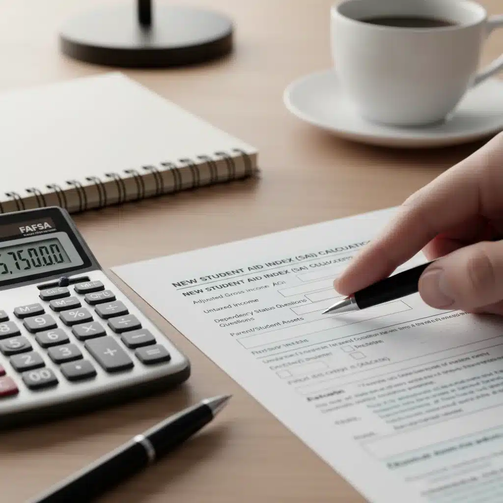 Hand pointing to FAFSA form section with calculator