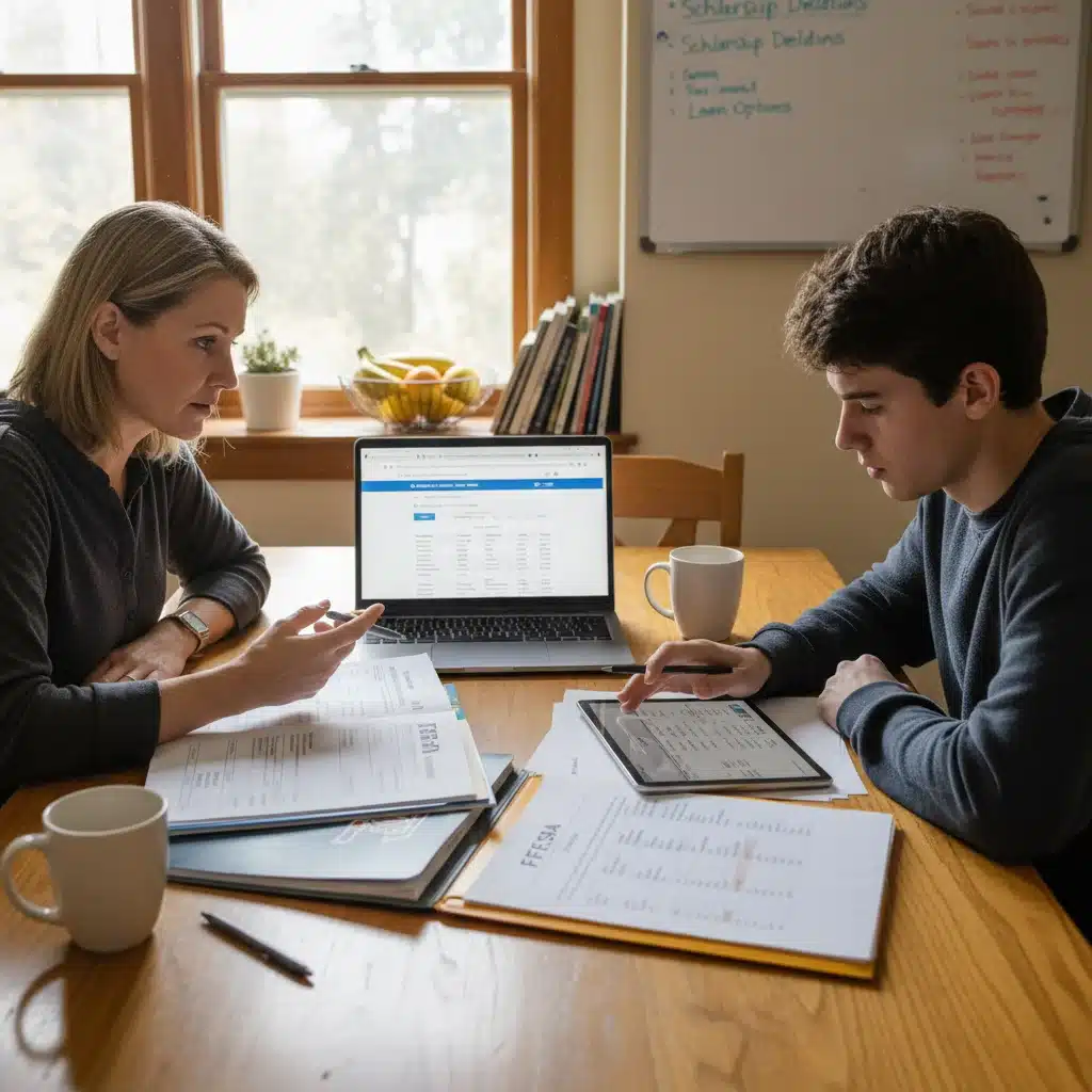 Parent and student discussing college financial aid at home
