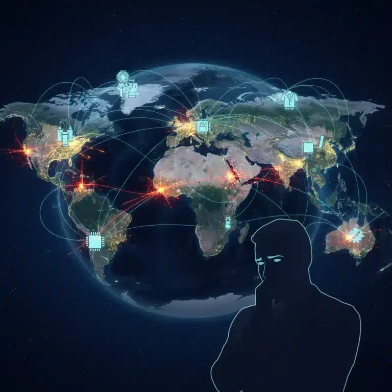 Global supply chain network with disruptions and worried US consumer